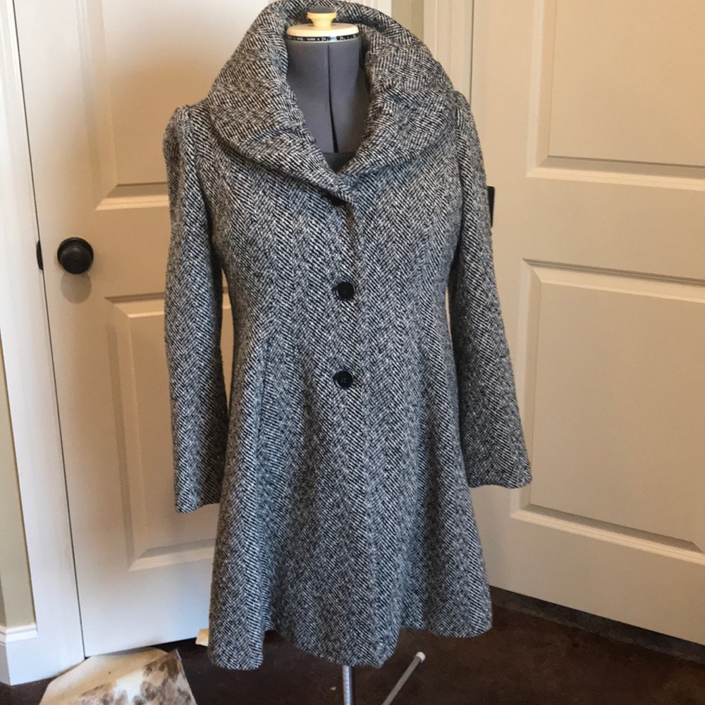 Women's Gray Herringbone Swing Coat with Shawl Collar